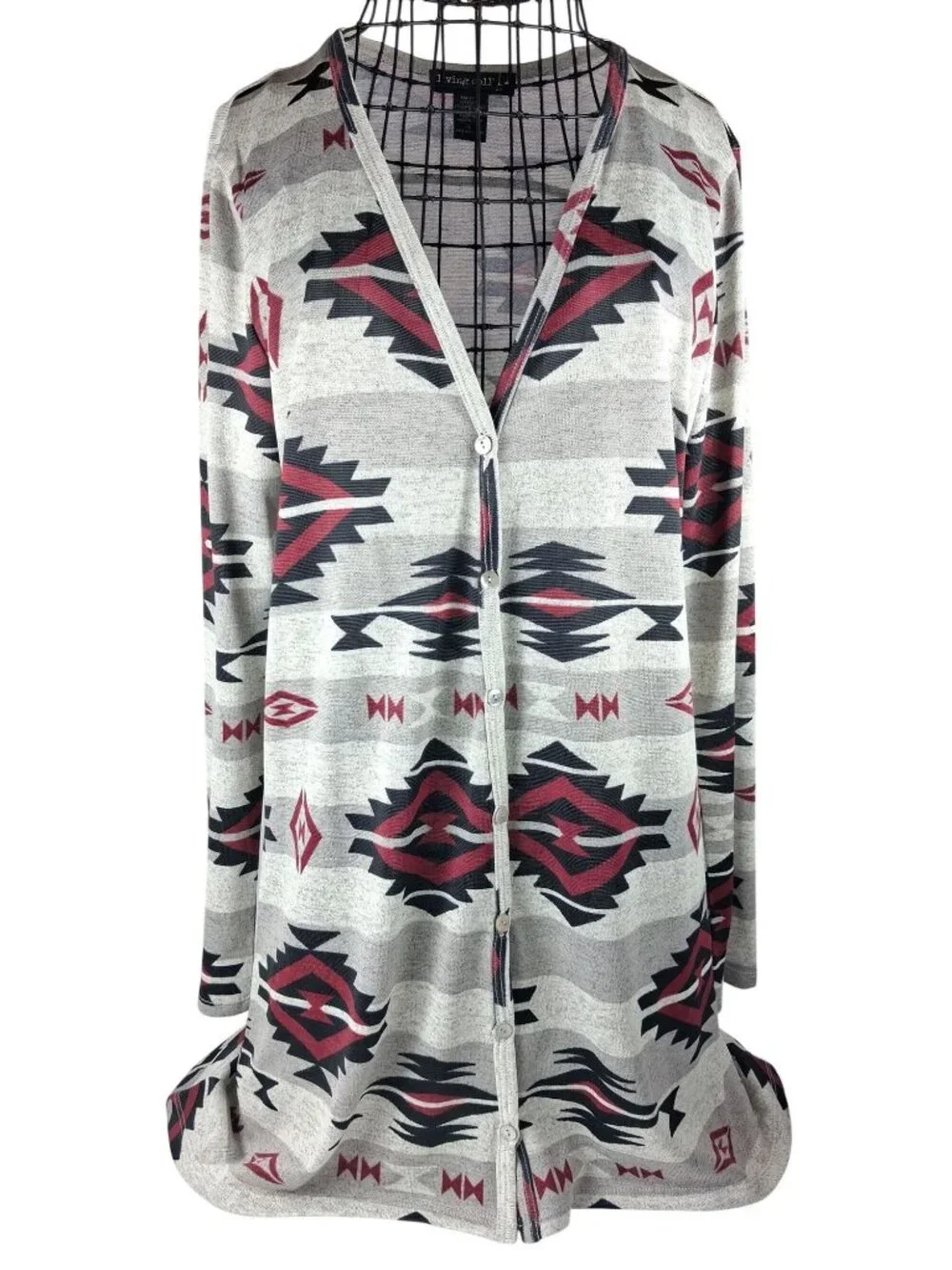 Living Doll Los Angeles Large Tribal Aztec Style Cardigan Sweater High-Low Hem - Picture 1 of 12